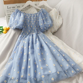 French Daisy Puff Sleeve Dress Embroidery Dress French Vintage Dress,Fairy Dress,Nap Dress,Victorian Dress,Cottagecore Prom Chic Dress,Summer Dress 1