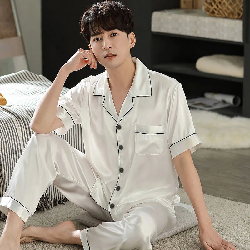 Summer Men's Ice Silk Pajamas Solid Color Lapel Short Sleeve Pants Oversized Loose Casual Imitation Silk Home Clothing Set