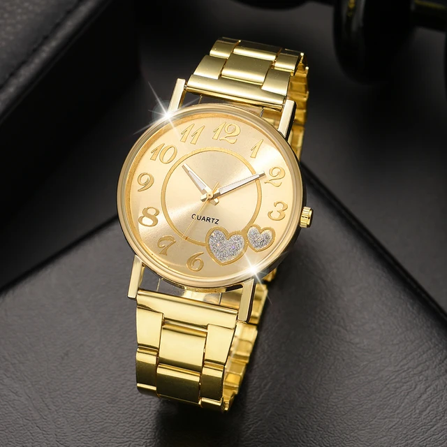 Gold 5PCS/Set Women Watch Fashion Light Luxury Love Element Dial Quartz Wristwatch Alloy Strap Watch Jewelry Set Gift For Her 4