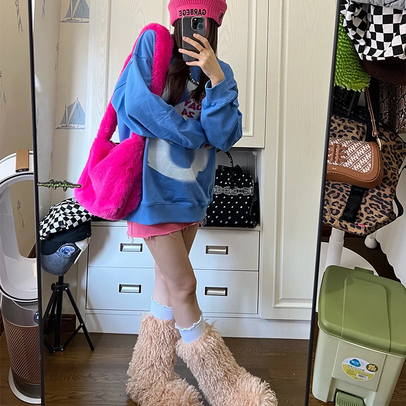 2000s Y2k Hot Girls Candy Color Rose Pink Plush Crossbody Shoulder Bag Women Winter Harajuku Street Fashion Faux Rabbit Fur Bags