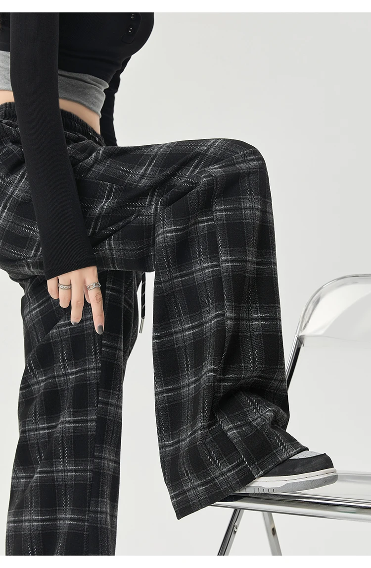 Winter Vintage Chic Kordelzug Lose Gerade Frauen Hosen Neue Plaid Kontrast Farbe Volle Länge Mode Weibliche Breite Bein Hosen – Detail 21