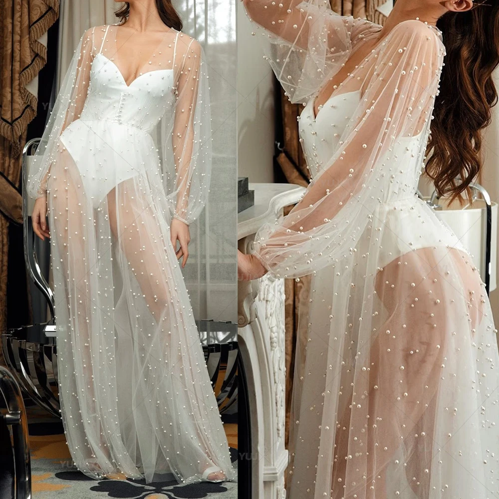 

Жемчужное свадебное платье из тюля, прозрачные длинные свадебные платья для выпускного вечера, женский халат, свадебная одежда для душа, будуарная одежда для сна, ночная рубашка, Халат