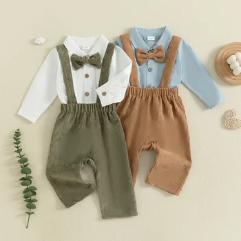 FOCUSNORM 0-18M Toddler Baby Boys Gentleman Clothes Sets Solid Color Button up Shirt Romper with Bow Tie and Suspender Pants 1