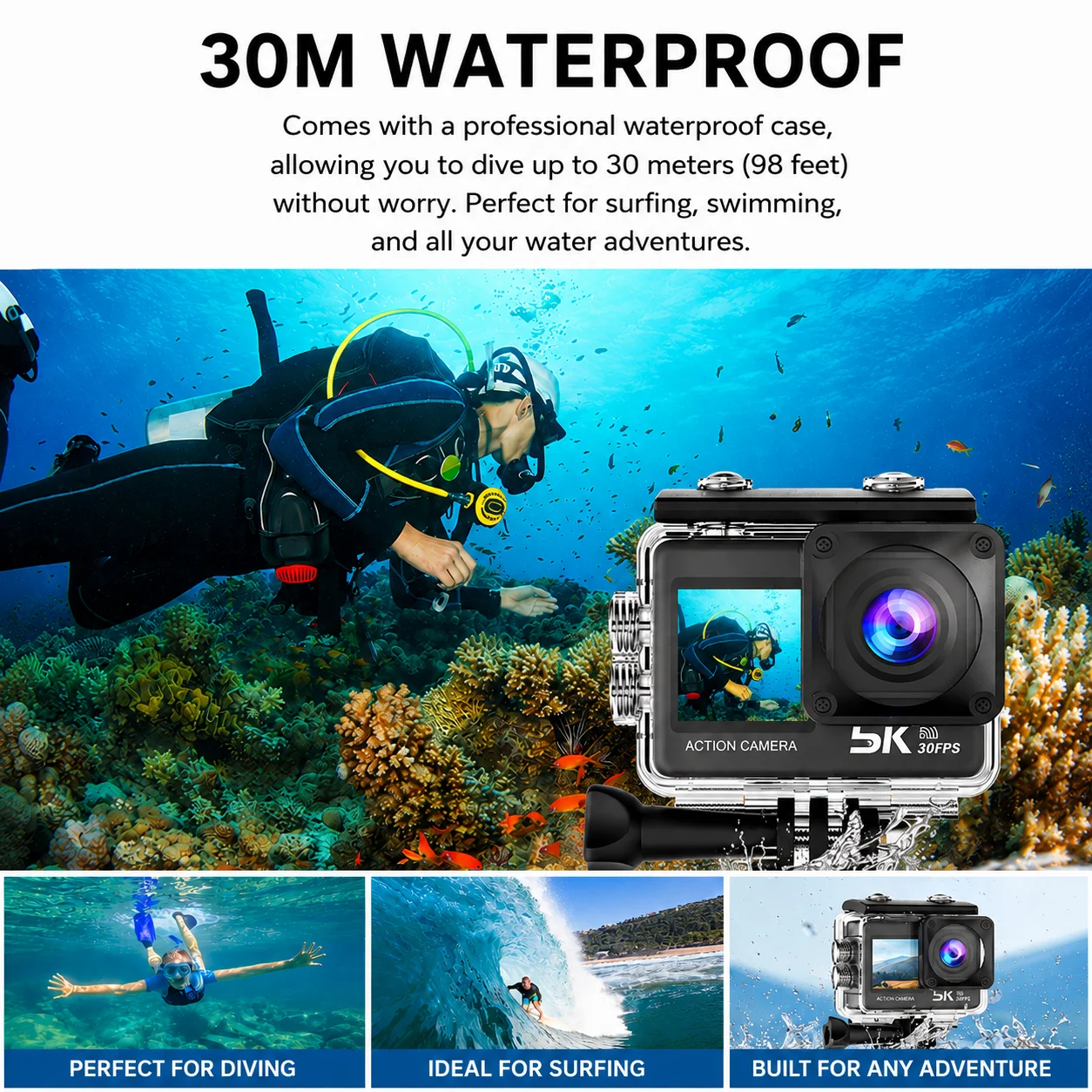 AT-M60TR 5K WiFi 액션 카메라 전문가용 듀얼 스크린 스포츠 카메라 30M 방수 170도 ° 광각 헬멧 자전거 브이로그 카메라 DVR