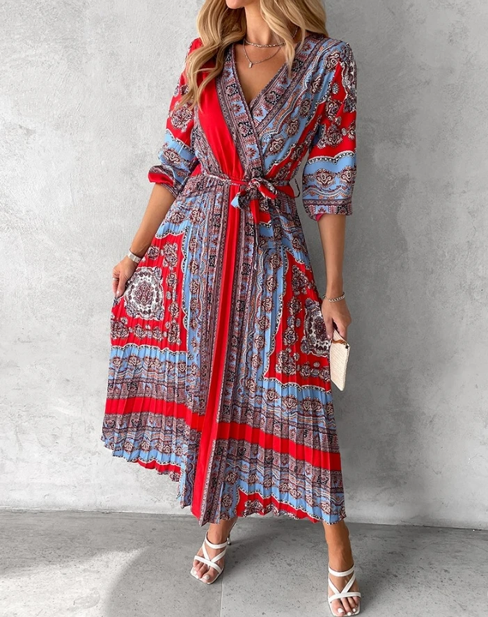 

Women's Bohodress 2024 Summer V Neck Long Sleeve Retro Tribal Print Tied Detail High Waist Tie Big Swing A Line Casual Dress