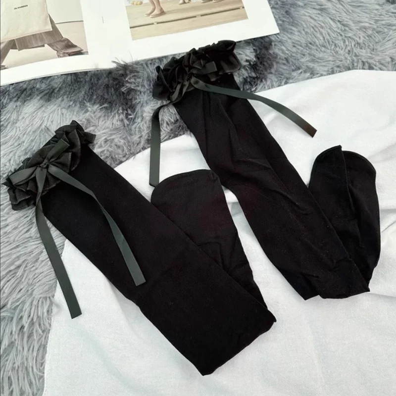 Women Lace Black White Ruffle Long Socks Women Girls Sweet Stockings JK Lolita Nylon Lace Leggings Over The Knee Bowknot Hosiery