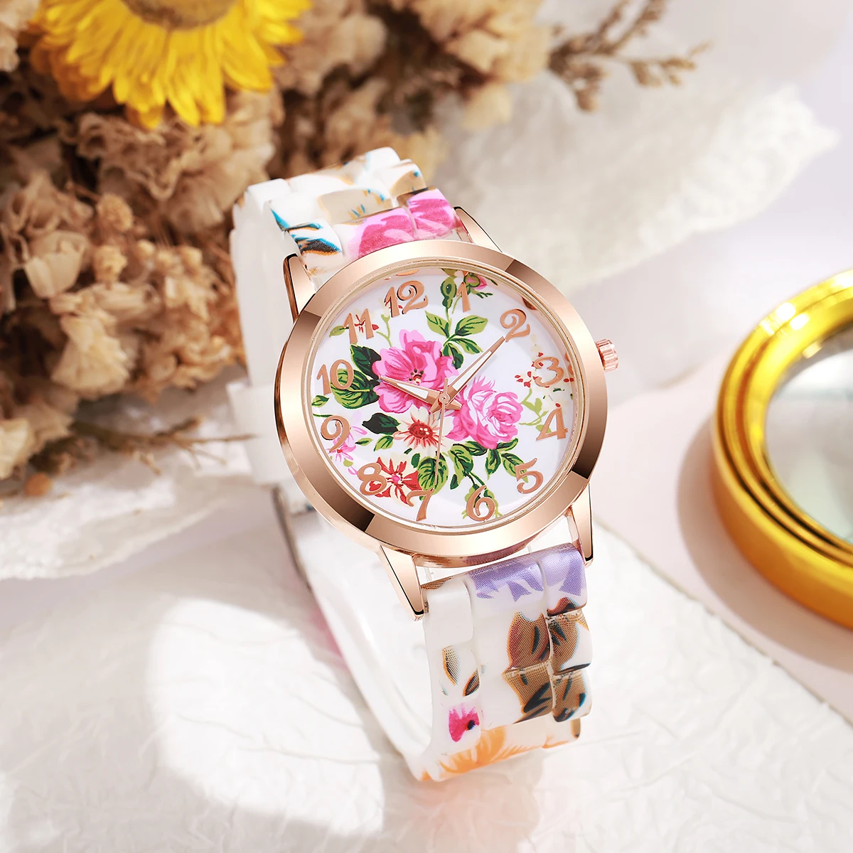 3PCs/Set Women's Silicone Printed Watch Fashion Casual Personalized With Floral Dial Classic Trendy Quartz Watch Combination Set