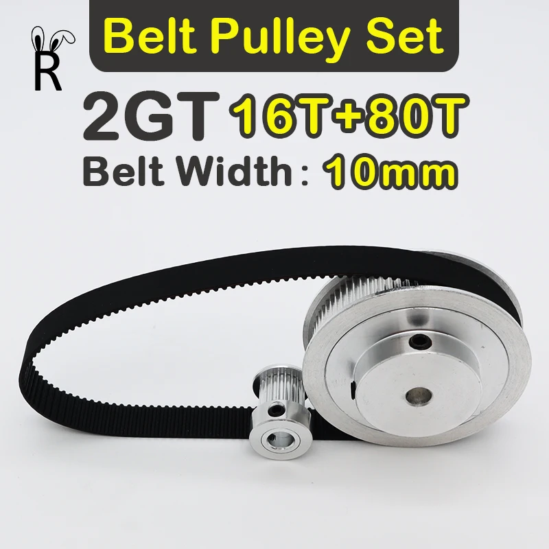 5:1 Reduction 16T 80T GT2 Belt Pulley Set Belt Width 10mm 80Teeth 16Teeth 3D Printer Synchronous Wheel Kit Timing Pulley Set 2GT