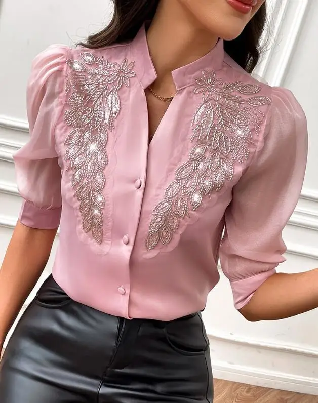 Women's Shirts Contrast Sequin Beaded Top Floral Leaf Pattern Stand Collar Single Breasted Half Sleeved Casual Shirt Pink Shirts