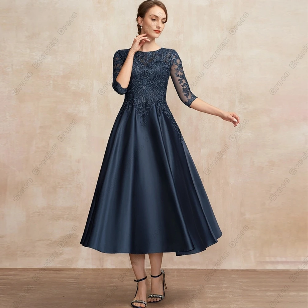 

Scoop Navy Blue Mother of Bride Dresses for Women Three Quarter Mother of Bride Dresses with Lace Tea Length Vestido De Noche