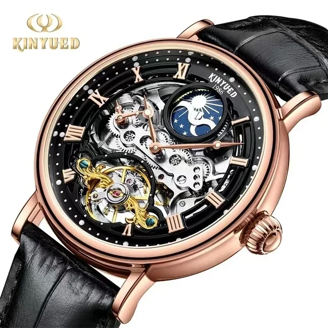 KINYUED J117 Automatic Mechanical Watch for Men Flywheel Hollow Out Multifunctional Mechanical Watches Leather Strap Wristwatch