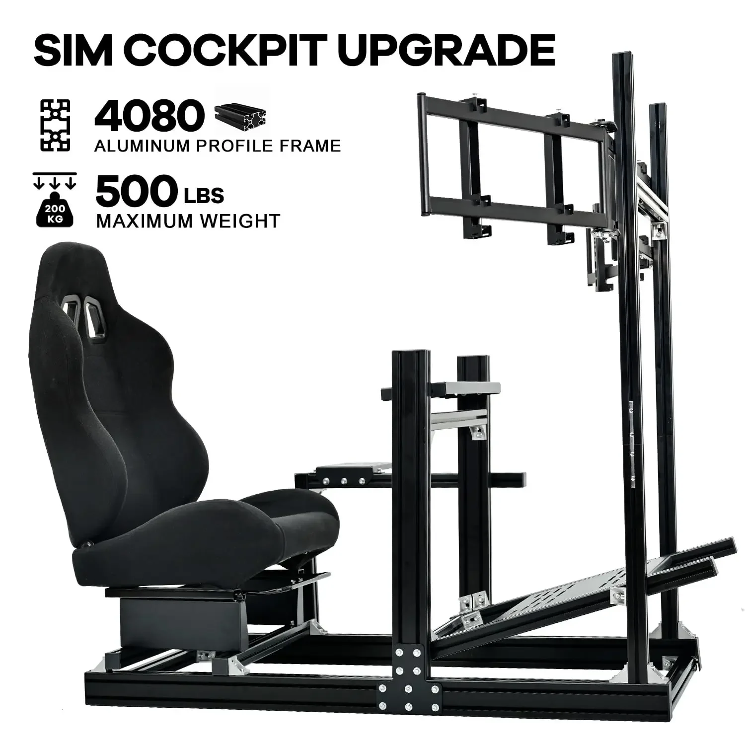 Aluminum Racing Simulator Cockpit, Triple Monitor Mount, Black Seat, Compatible Logitech/Thrustmaster/Fanatec, Multi-Adjustable 5