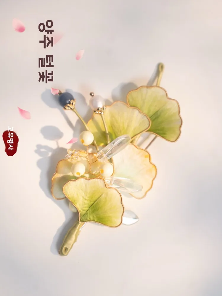 수제 실크 펑지 매화꽃 머리핀 가슴핀 선물 신상 중국풍 클래식 상큼한 은행잎 디자인 헤어 액세서리