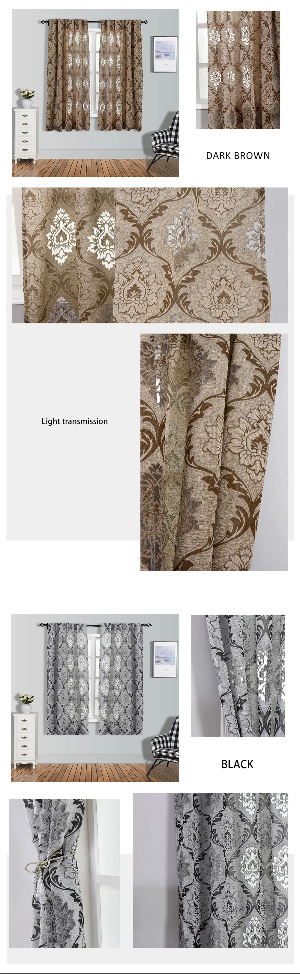 Description Picture 2 of itemLEEJOOM 1 PC Window Panel Screening Floral Jacquard Semi-shading Curtains Brown for Bedroom Natural Ready Made Fabrics