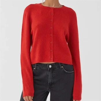 Crochet Knit Cardigans Women Slim Crew Neck Vintage Y2k Long Sleeve Single Breasted Sweaters 2024 Autumn Lady Versatile Sweater 1