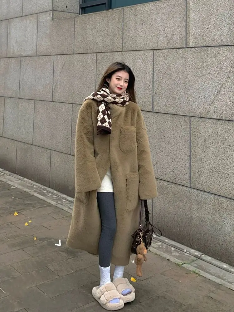 Imitation Rex Rabbit Fur Grass Coat Women's Medium Long Winter New Korean Thickened Lamb Hair Stand Collar Plush Coat Fashion