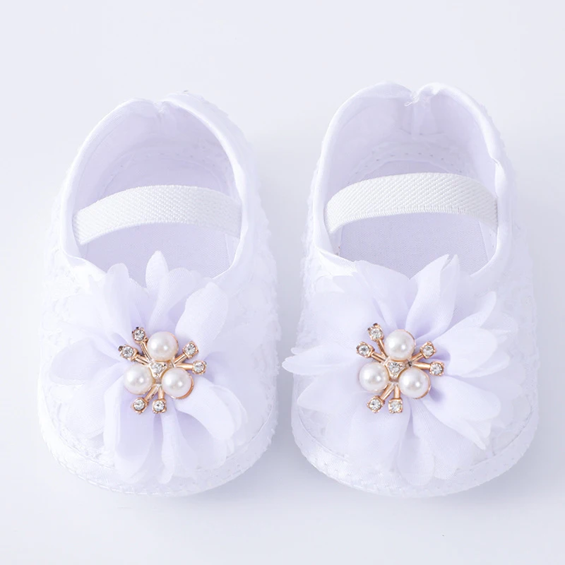 0-18months Baby Girls Shoes And Headband Soft Sole Non-Slip Pearl Flower Princess Wedding Dress Crib Shoes For Newborn Girls 2