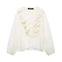 Zevity Women Fashion Long Sleeve V Neck Tierred Ruffles Loose Blouse Female Solid Color Casual Shirts Blusas Chic Tops LS6317 - Image 6
