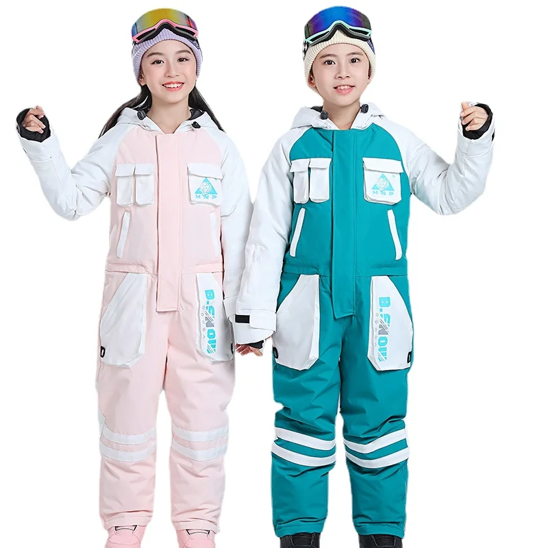 

2024 Winter New Children One-Piece Ski Suit Girls Overall Outdoor Snowboarding Jacket Boys Kids Ski Set Windproof Waterproof