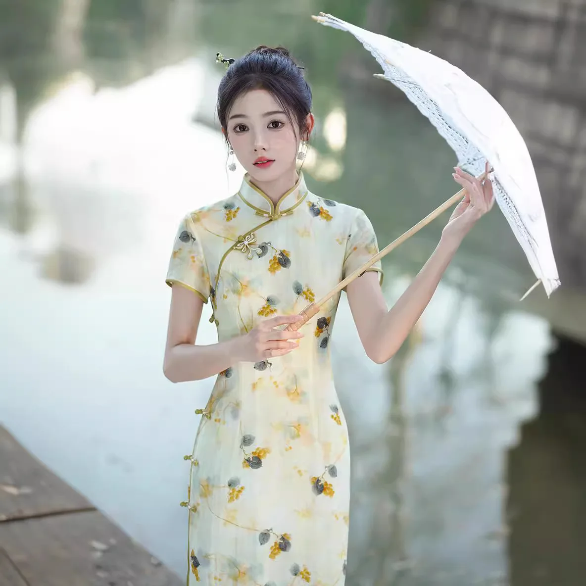 

Yourqipao 2024 Spring and Summer New Improved Cheongsam Chinese Style Yellow Mid-length Qipao Hanfu Skirt