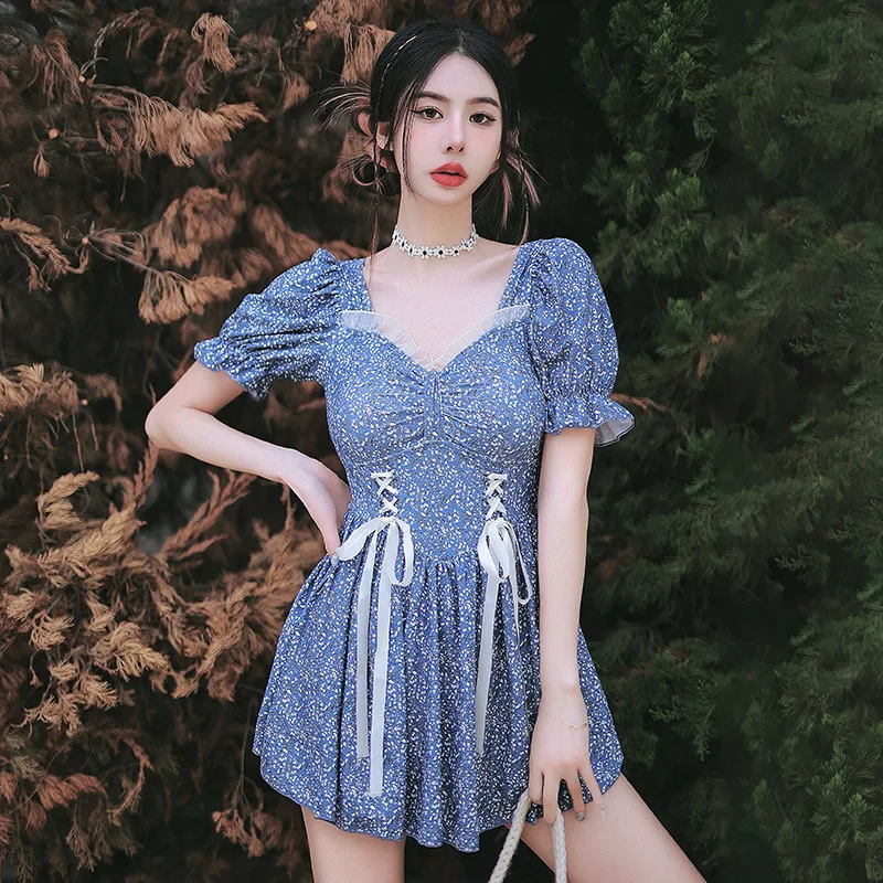 

2023 One Piece Swimwear Women's Conservative Japanese and Korean Vintage Swimming Dress Plush Size Hot Spring Swimwear