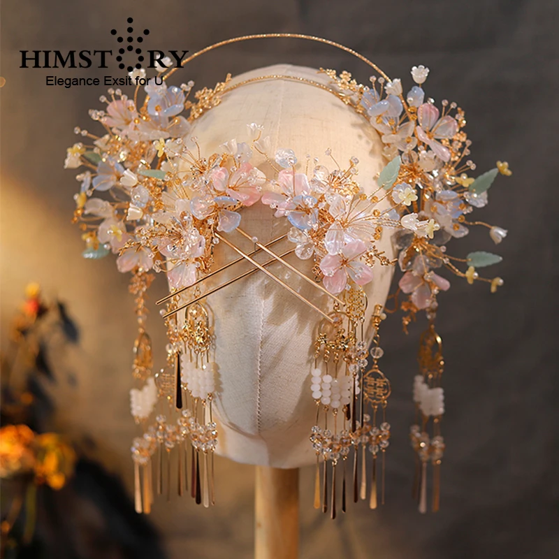 

Himstory New Style Chinese Clothing Bride Ancient Headdress Flower Golden Suit Tassel Traditional Wedding Dress Headpiece