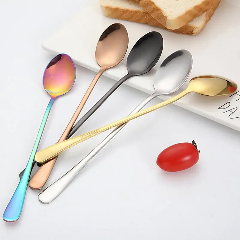 

New Vacuum Plating Stainless Steel Coffee Spoon Long Handle Tea Spoons Kitchen Hot Drinking Flatware Drop Shipping