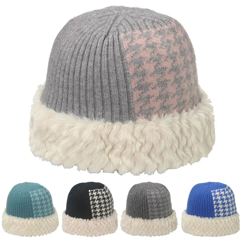 

Winter Knitted Fisherman Hat Women Color Match Plaid Bucket Hats Outdoor Warm Thicken Bonnet Fashion Versatile Woolen Beanie Cap