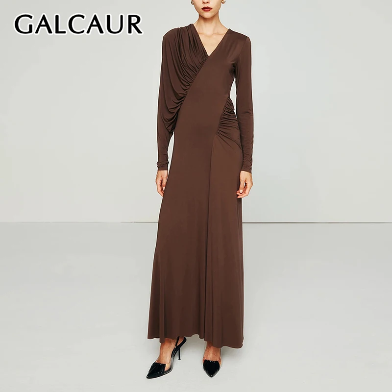 

GALCAUR Minimalist Asymmetric Maxi Dresses For Women V Neck Long Sleeve High Waist Spliced Folds Solid Temperament Dress Female