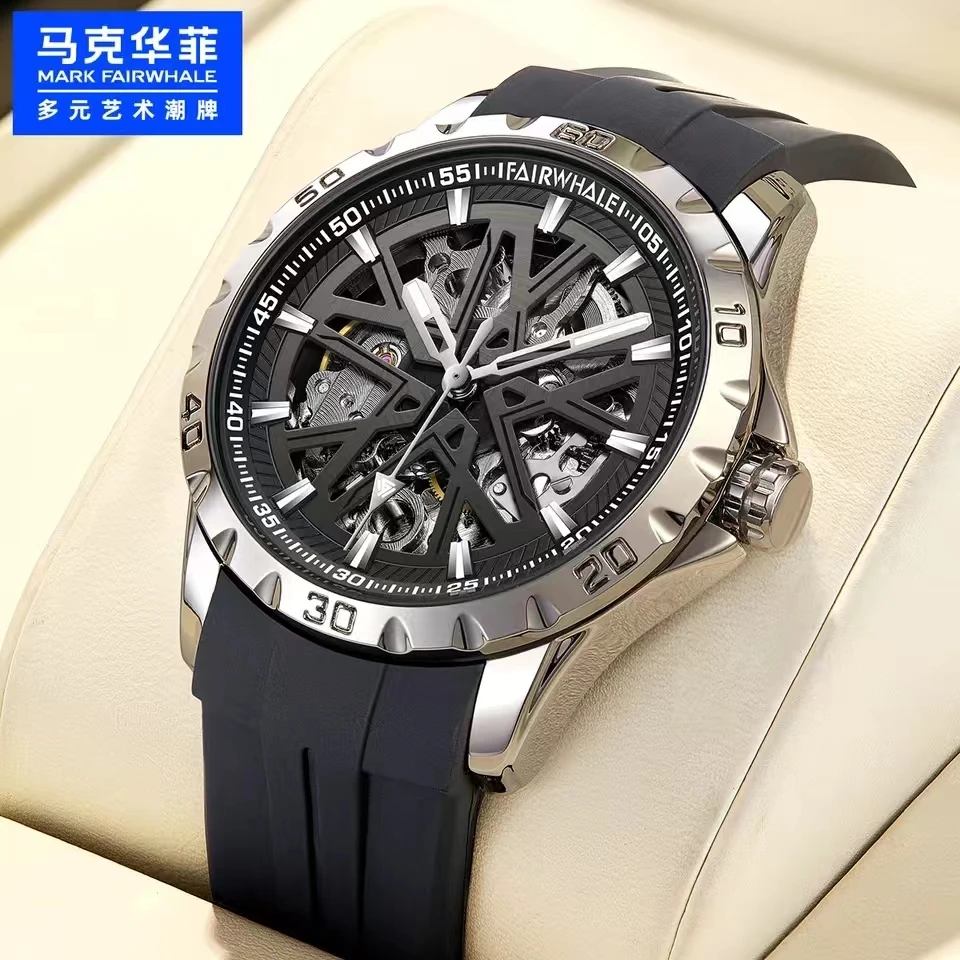 FAIRWHALE 6580 Mechanical Watches for Men Automatic Movement Skeleton Dial Sports Waterproof Silicone Strap Mens Watch Reloj
