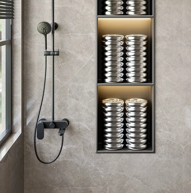 照明付きステンレス製シャワーニッチ、壁埋め込み式バスルームオーガナイザーニッチ（タイル不要）、家庭用ホテル収納用埋め込み式防水壁ニッ ステンレススチール  製シャワーニッチ、埋め込み式バスルームシェルフオーガナイザーラック、ホテルキッチン収納用アルコーブ ... モダンなステンレススチール製シャワーニッチ、照明内蔵、埋め込み式防水壁掛けオーガナイザー、バスルーム収納、自宅やホテルに最適な洗練さ