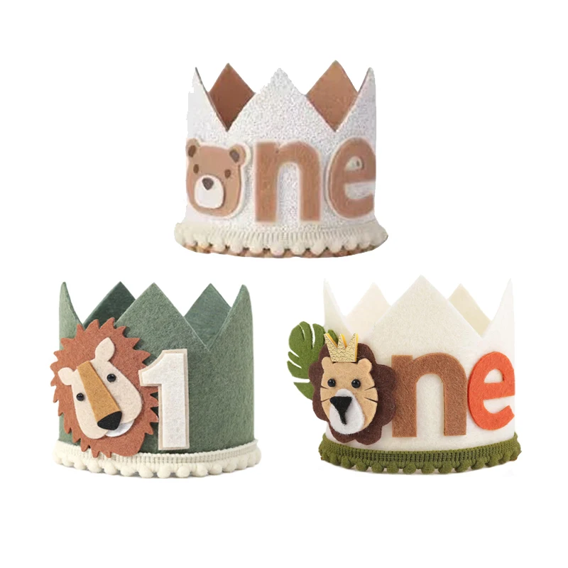 1Pcs Lion Teddy Bear One Year Crown Birthday Hats Kids Cartoon Animal Jungle Happy Birthday Baby Shower Wild One Party Decor