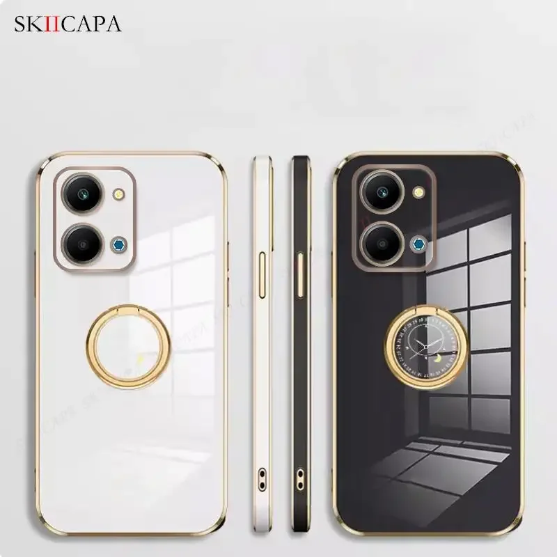 Plating Silicone Lanyard Phone Case with Ring Holder and Soft Cover