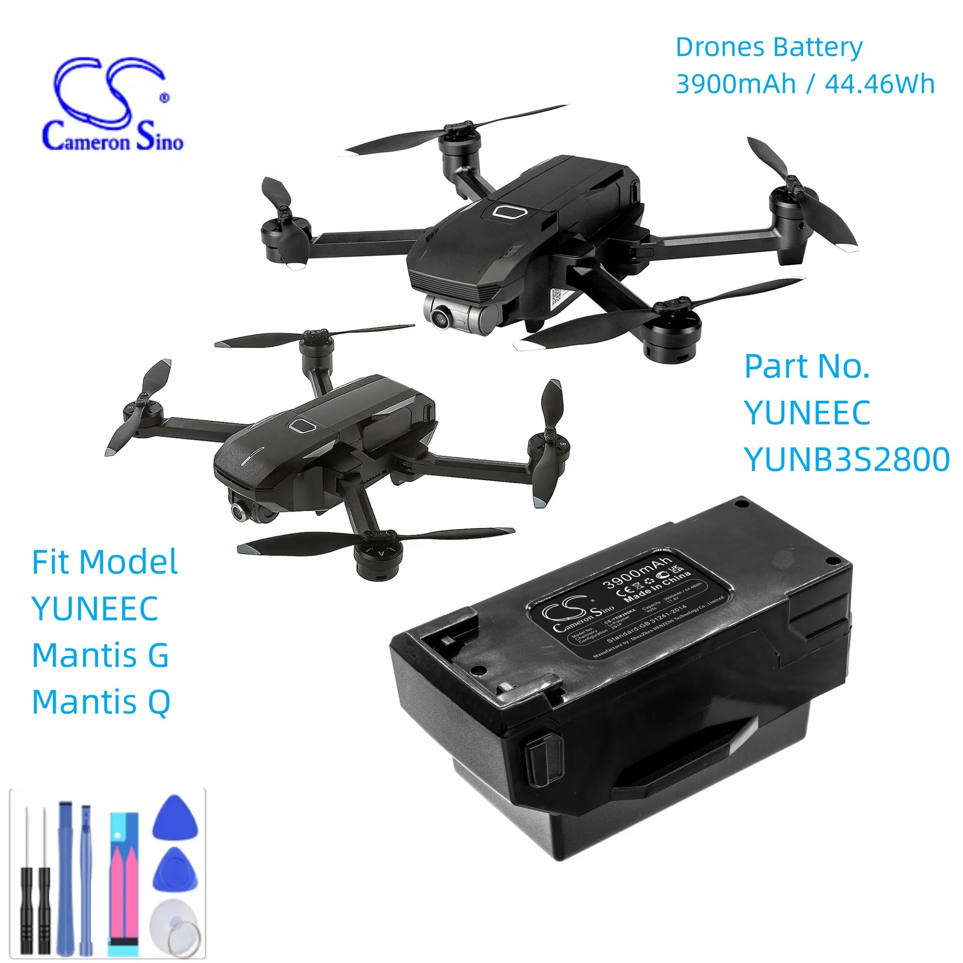 

Drones Battery For YUNEEC Mantis G Q YUNB3S2800 Capacity 3900mAh / 44.46Wh Color Black Volts 11.40V Type Li-Polymer G.W 386g