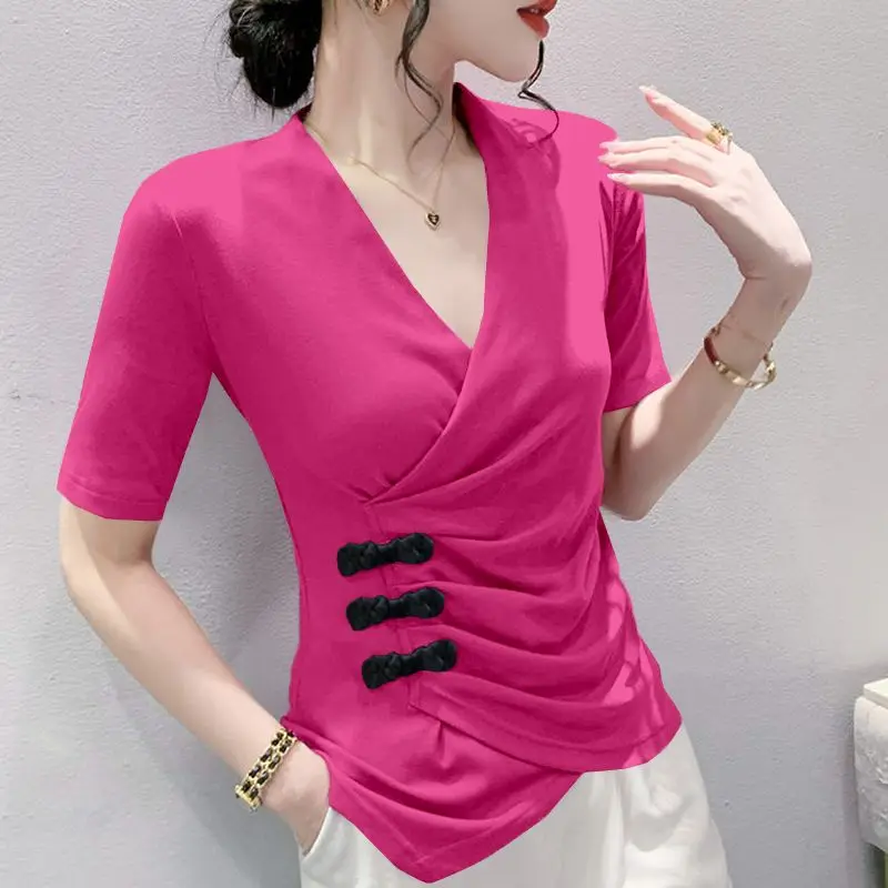 

Elegant Solid Color Button Asymmetrical Folds T-Shirts Women's Clothing 2024 Summer New Loose All-match Tops Irregular Tee Shirt