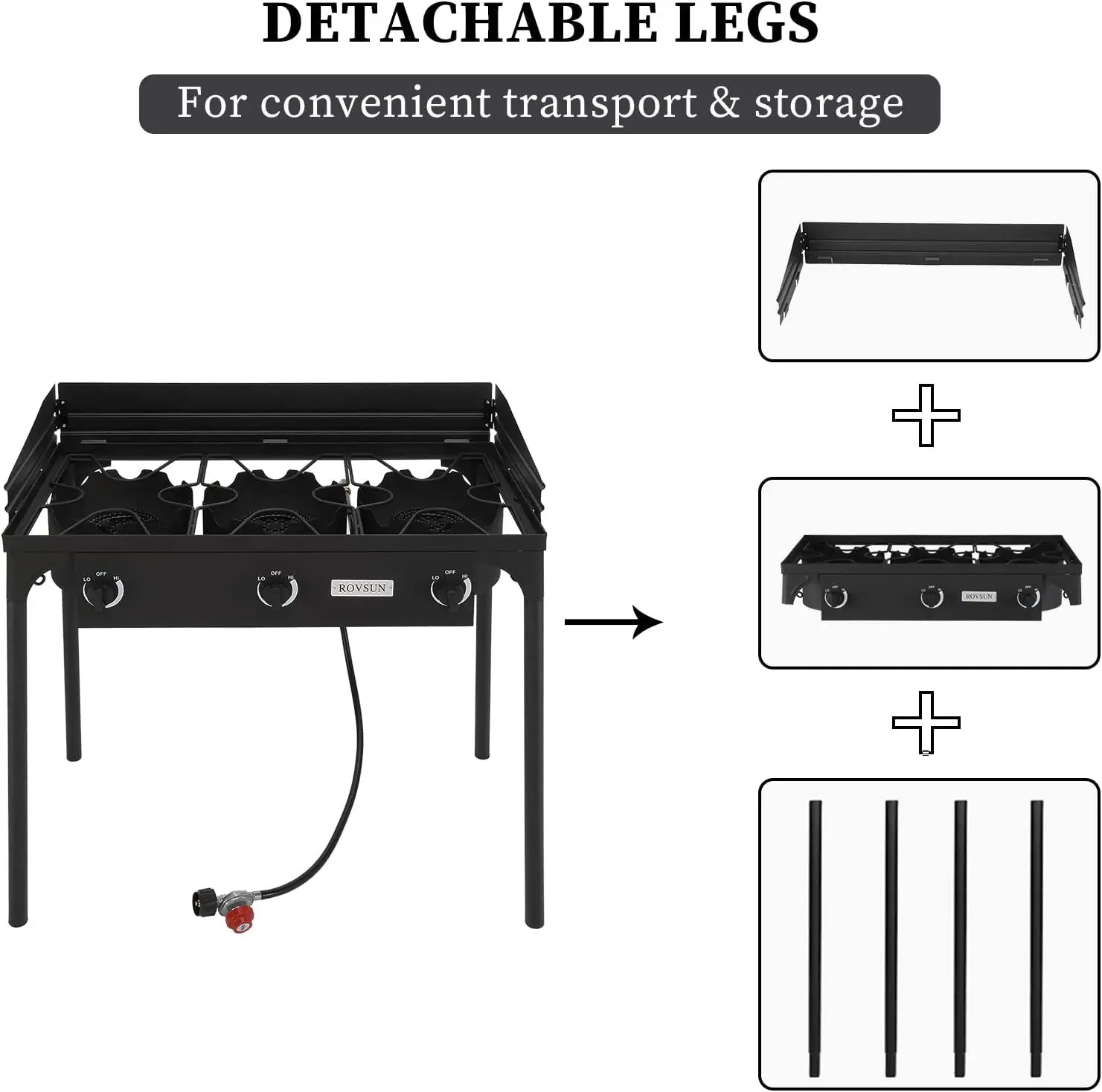 3-Burner Outdoor Portable Propane Burner Stove 225,000-BTU Gas Cooker with Windscreen & Carrying Bag, Heavy Duty Iron Cas 4