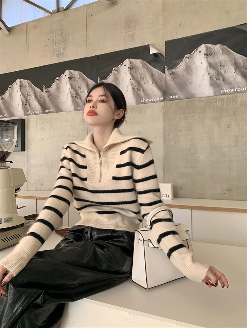 Women's Striped Sweater Zip Thick Fall Loose Turtleneck Knit Jumper Turn-down Collar Casual Oversize Fashion Women Sweaters