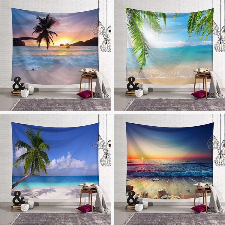 

New Modern Seaside Scenery Bule Dormitory Wall Hanging Cloth Sea Beach Coconut Tree Decoration Tapestry Picture Background