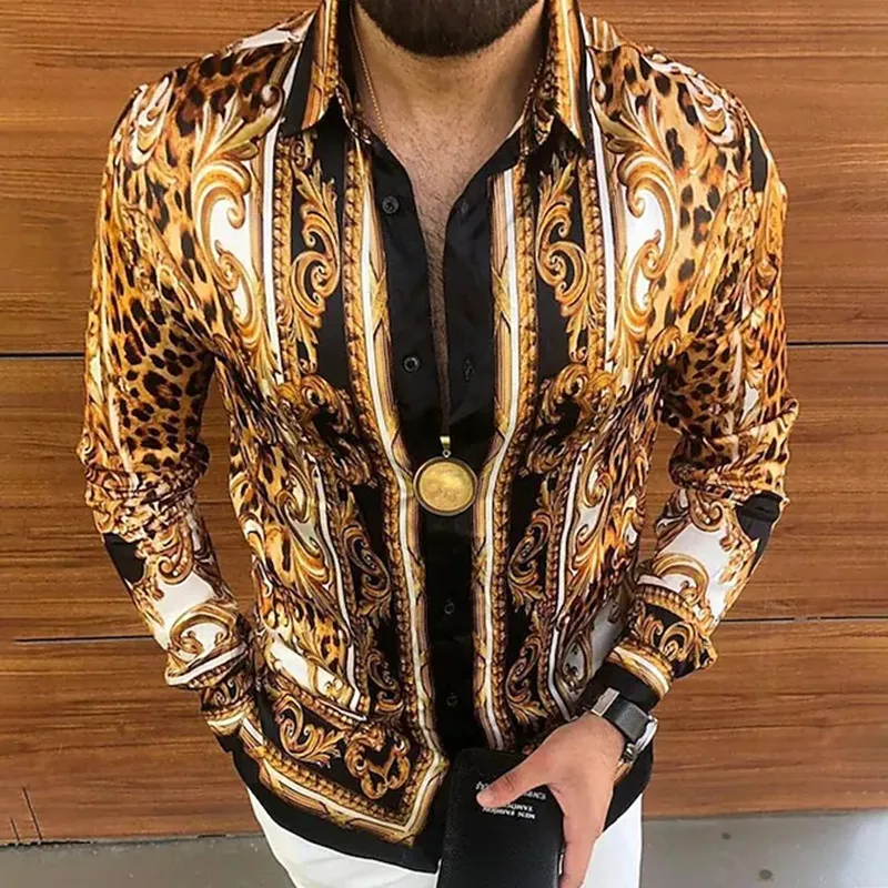 

2023 Spring New Leopard Print Shirt Men Fashion Trend Personality Casual Rhinestones Slim Long Sleeve Dress Shirt Men