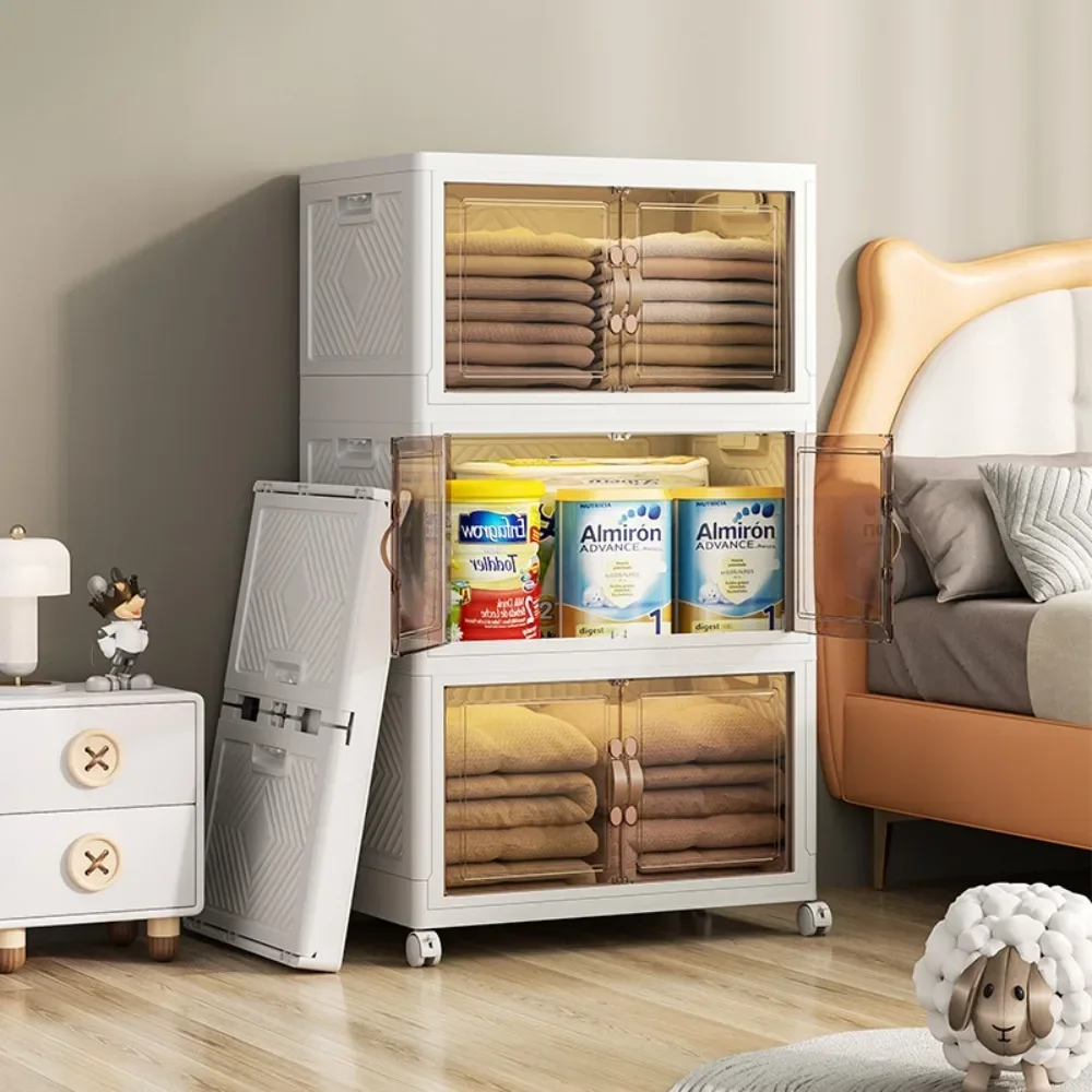 Wardrobe Folding Containers With Wheels Multifunctional Floor-Standing Plastic Kitchen Cabinets Bedroom Storage Box Multi-Layer
