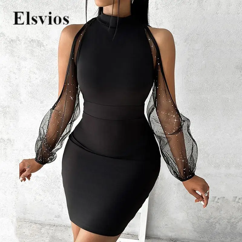 

Elegant O Neck Solid Tight Bodycon Dress Fashion Women Sparkle Mesh Long Sleeve Party Dress Sexy Hollow Off Shoulder Mini Dress
