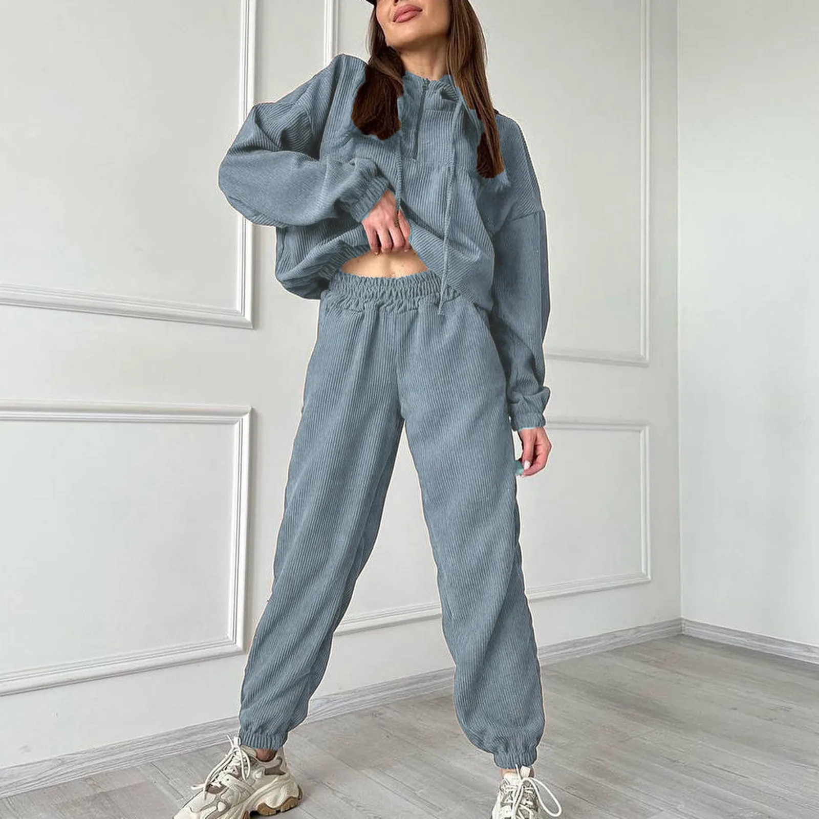 

Women'S Autumn Winter Tracksuit Long Sleeve Hooded Two Piece Set Women Chic Sexy Fleece Cropped Hoodies Pullover Streetwear