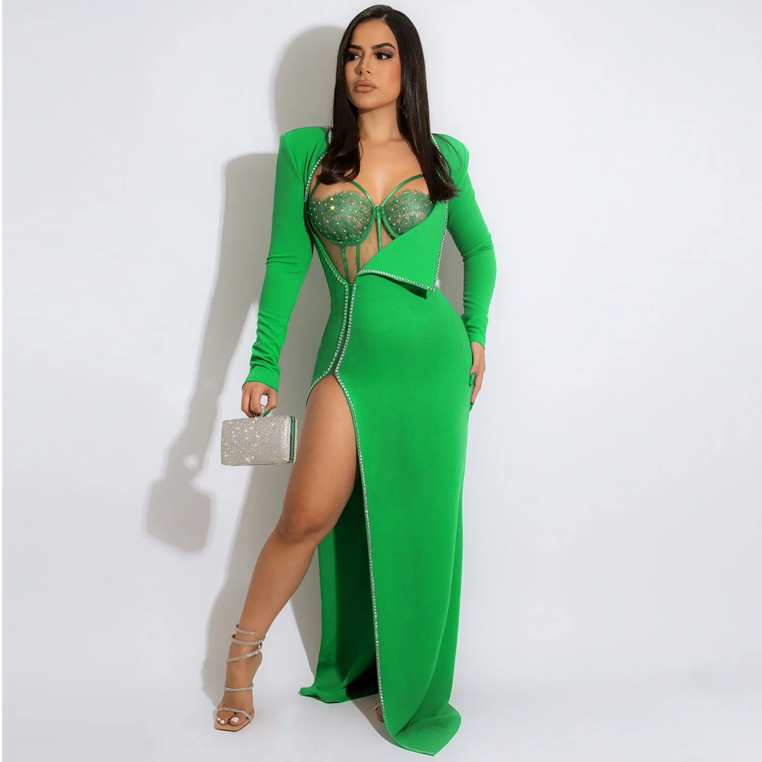 

Женское вечернее Клубное платье со стразами, соблазнительное платье с длинным рукавом и высоким разрезом, платье-Бюстье Макси с высоким разрезом, новое модное женское платье с длинным рукавом