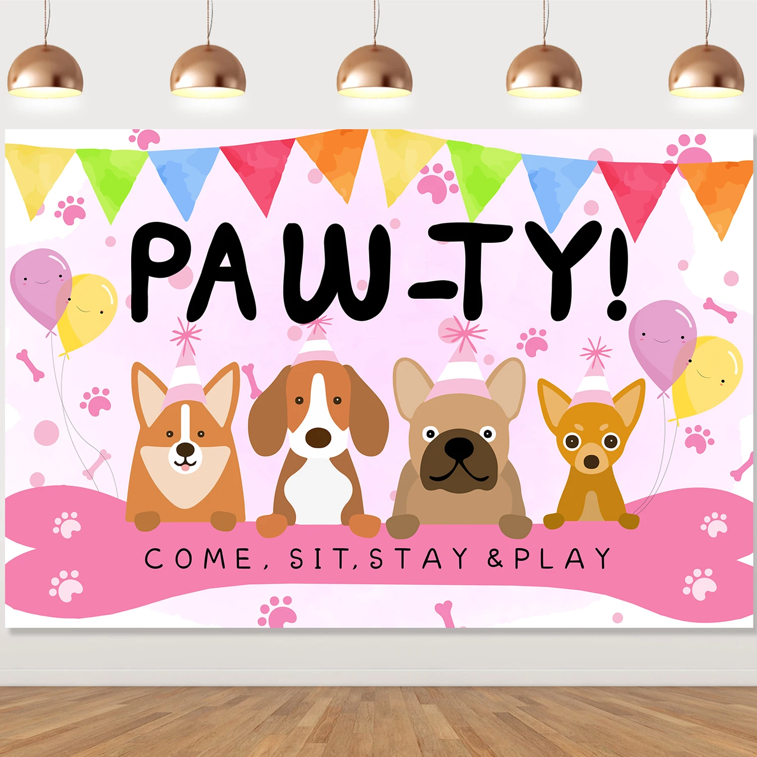 

Let's Paw-Cartoon Dog Backdrop, Puppy, Shiba Inu Banner, Balloon, Birthday Hat, Photography Background Decoration