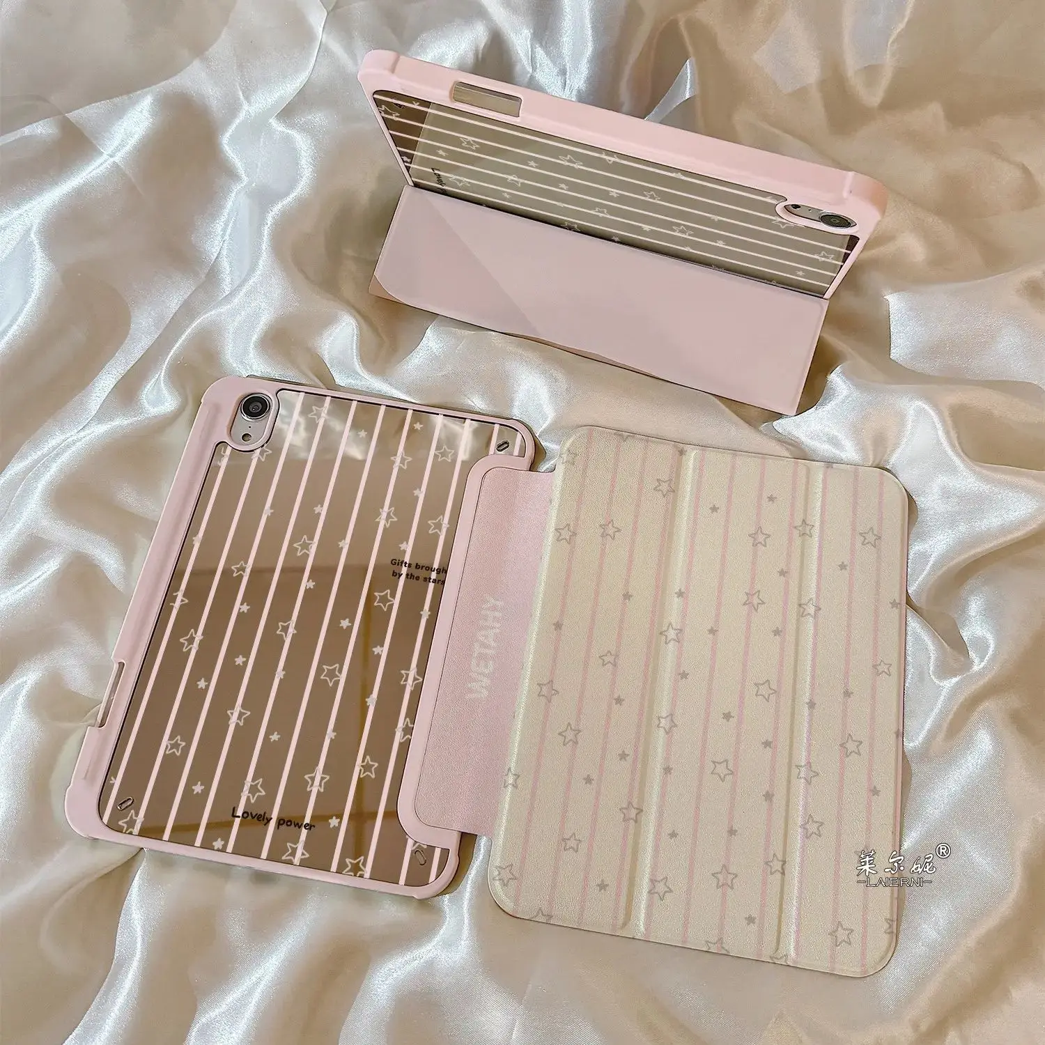 Korean Stripes & Stars Mirror Design Anti-Bend Tri-Fold Tablet Case Cover