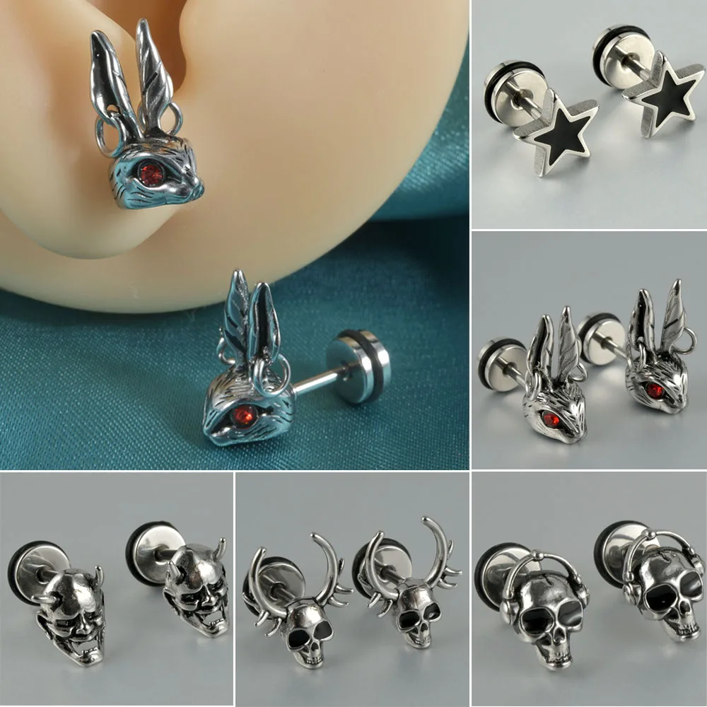 Skull Ghost Head Bunny Stud Earrings PAIR Punk Flat Back Screw On Cool Star Ear Lobe Studs Cartilage Helix Piercing Punk Style
