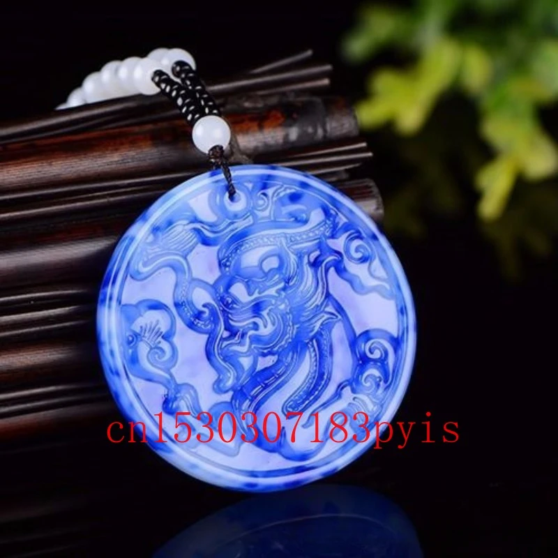 

Dragon Natural Blue White Hetian Jade Pendant Beads Necklace Fashion Charm Jewelry Carved Boutique Jadeite Amulet Gifts for Men