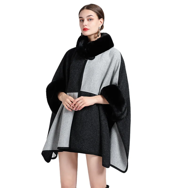 

High Grade Autumn Winter New Imitation Otter Rabbit Fur Collar Cape Knit Cardigan Poncho Lady Capes Black Cloaks