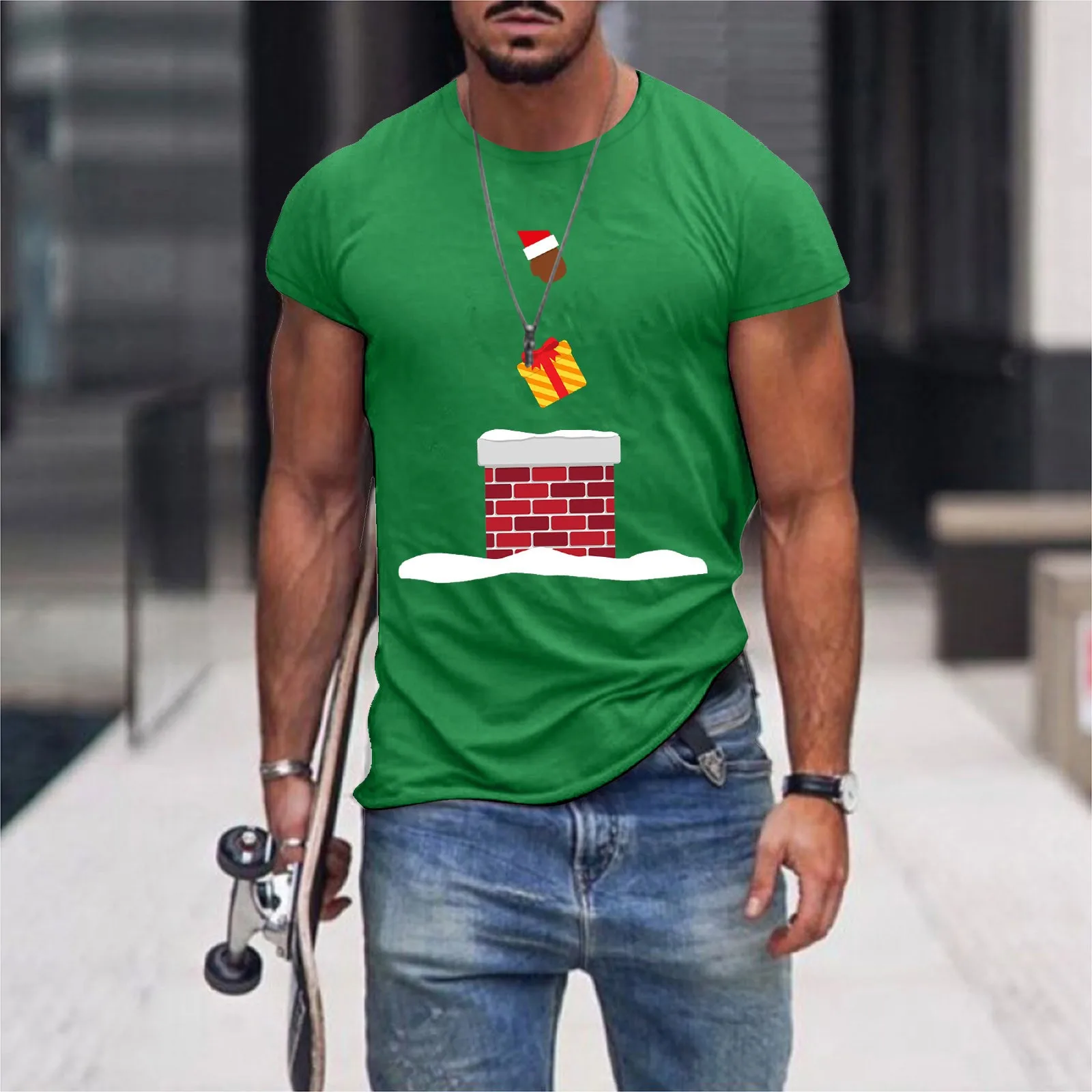 

Футболка мужская с принтом Санта-Клауса, Повседневная Свободная рубашка с коротким рукавом и круглым вырезом, красный цвет, 6XL