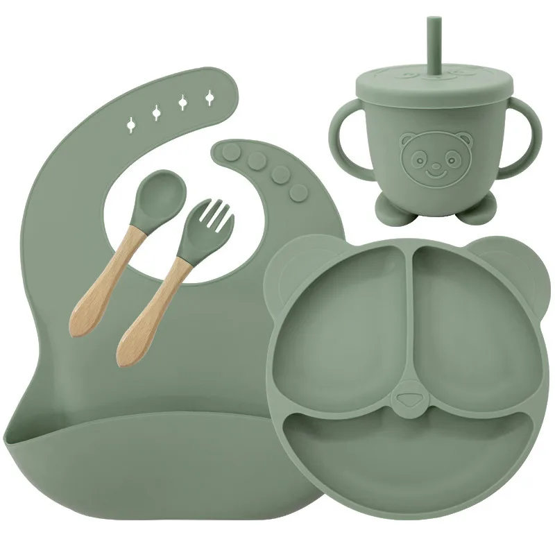 

5Pcs Baby Silicone Feeding Set Baby Dining Plate with 3 Suction Cups Straw Cups Spoon Fork for Kids Tableware Children's Dishes